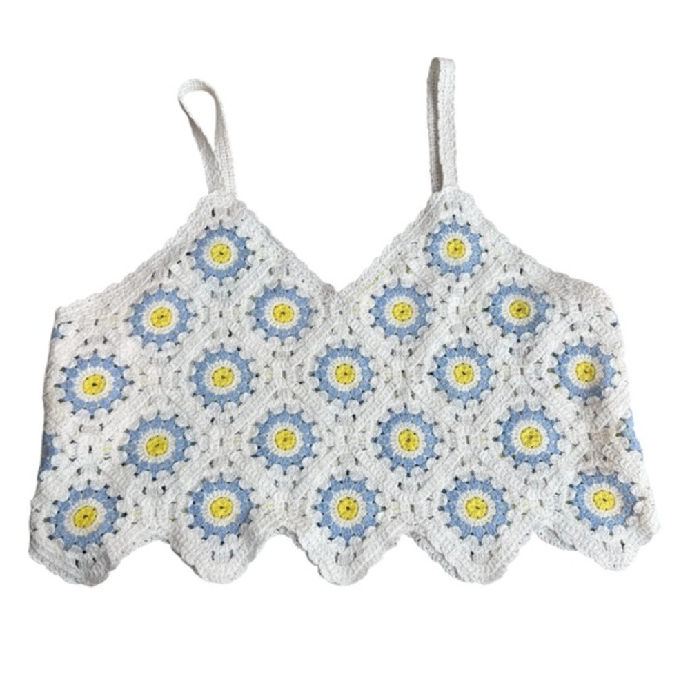 Wowo Women’s Size S Crochet Granny Square Tank Top White Yellow Blue Cottagecore
